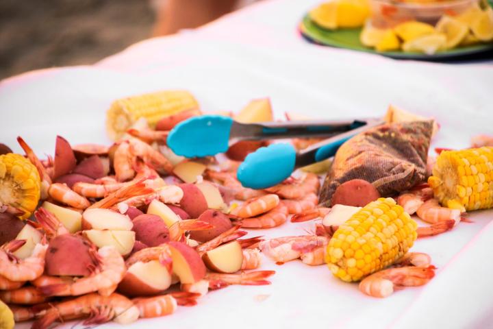 Shrimp, potatoes, and corn